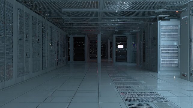 Data center racks extending into the distance, showcasing a vast array of servers and networking hardware crucial for modern computing, cloud services, and digital infrastructure