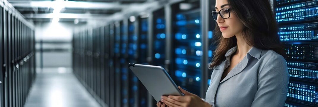 Brunette girl in a light suit analyzes server connections in a modern IT data center.
