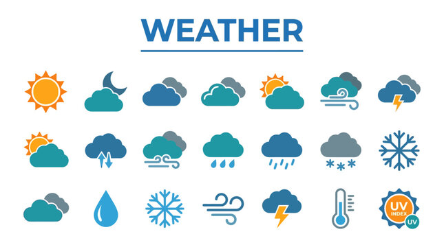 Comprehensive weather icons set featuring sun, clouds, rain, snow, thunderstorms and related forecast symbols for UI design and dashboards