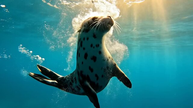 Seal swimming underwater in blue ocean water