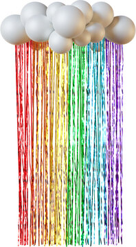White matte balloon cloud garland with rainbow metallic fringe curtain isolated on a transparent background. Realistic foil fringe tinsel curtain for birthday decor, photo booth, and event design.