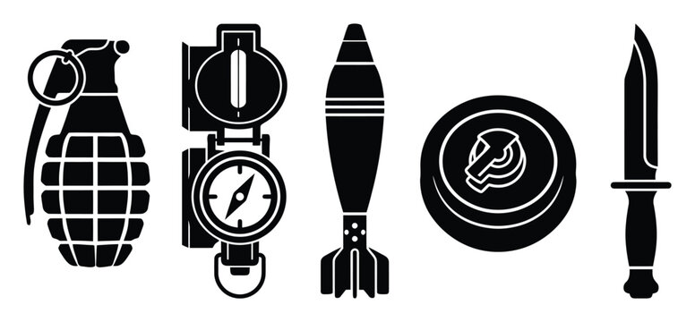Comprehensive collection of military and tactical equipment including a hand grenade, compass, mortar shell, landmine, and combat knife for defense concepts and security related visual