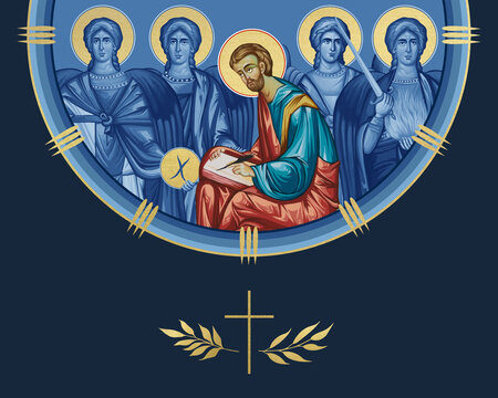 Apostle Luke and four cardinal points (Archangel Gabriel, Uriel, Raphael and Michael). Illustration in Byzantine style isolated