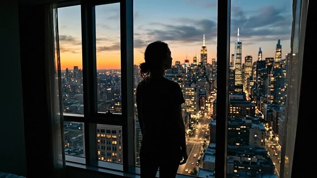 Remote work loneliness silhouette gazing from high rise window over city skyline at sunset and dusk with warm lights reflecting contemplative mood