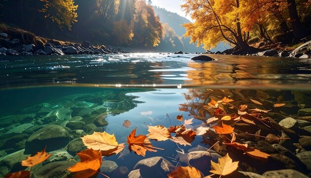Autumnal river scene, split-level view showing both above and below water aspects, with colorful foliage