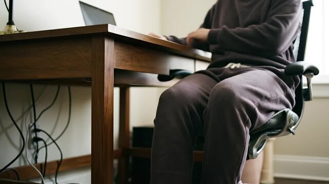 Remote work loneliness captured quiet home office with seated person wooden desk using laptop feeling isolated yet focused person slippers crossing