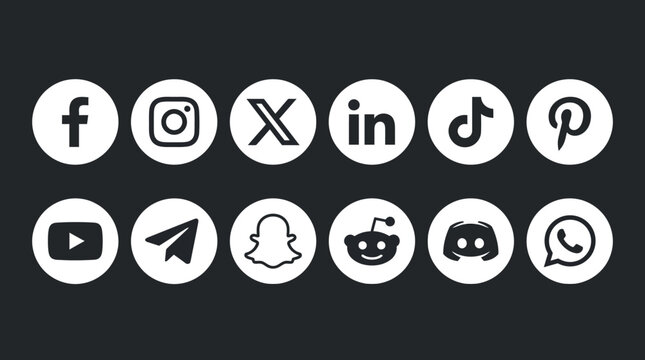 A gallery of popular social media logos displayed as circular white icons on a dark background.