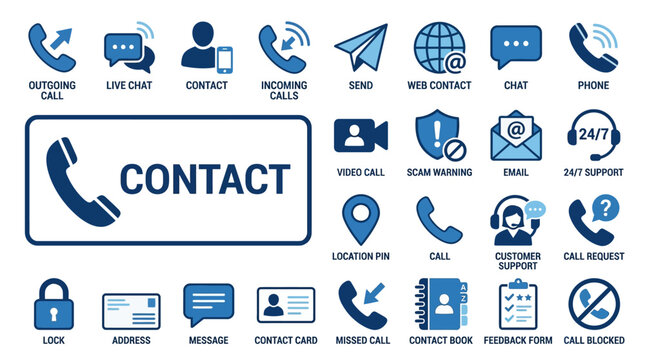Collection of blue contact icons featuring a prominent 'Contact' button with a phone symbol and multiple communication options for customer support.