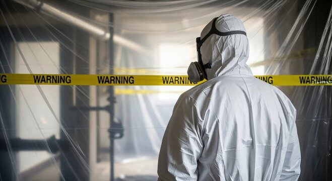 Professional Asbestos Abatement Specialist in Protective Suit and Respirator Mask
