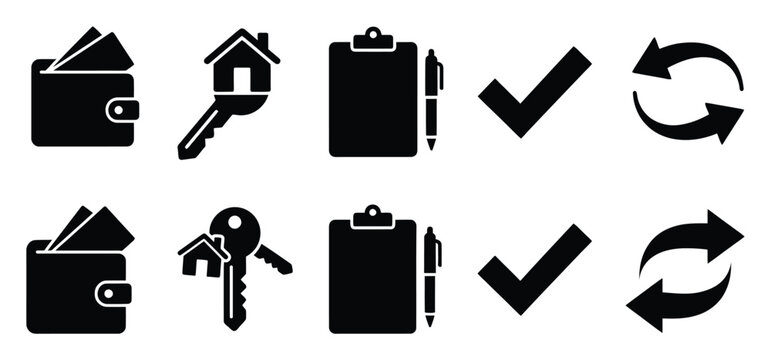 Comprehensive set of essential business and financial management icons including wallet, house key, clipboard, checkmark, and refresh symbols for various applications and digital interfaces.