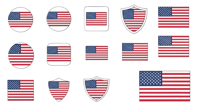 American flag icons, USA flags, patriotic symbols, vector graphics