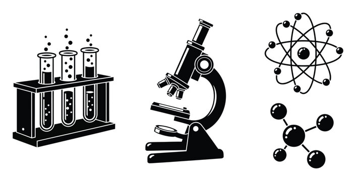 Science icons representing laboratory equipment, chemical reactions, atomic structure, and molecular bonds, perfect for educational materials, scientific presentations, or technology