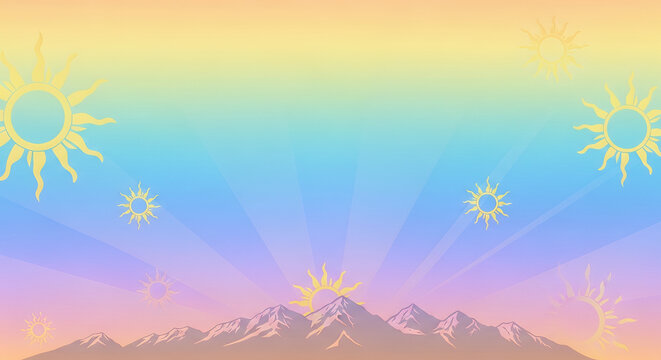 Inti Raymi, pastel gradient with sun symbols and mountains 