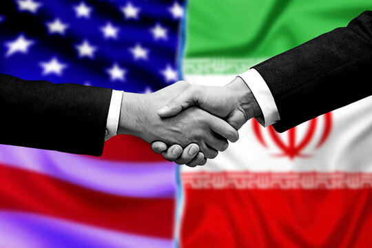 two people shaking hands ,negotiation , ceasefire , diplomacy, peace, truce, unity with the background of USA flag and Iran Flag side by side