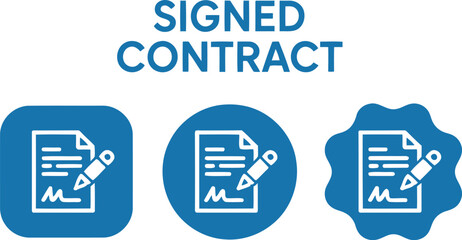 Fototapeta premium Signed Contract Icon Set – Blue Business Agreement, Legal Document, Signature Vector Illustration