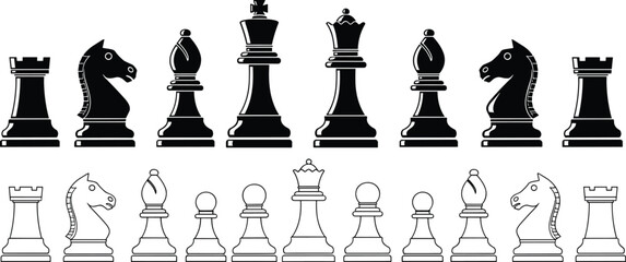 Chess pieces black silhouette and outline vector set, classic board game elements, king queen knight rook illustration isolated design © MDRAKIB