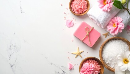 Naklejka premium A serene spa still life features a pink flower and white towels accented by a red starfish and seashells on a tropical beach sand background for a relaxing summer beauty treatment