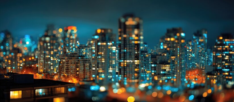 Vibrant tilt-shift cityscape at night with illuminated buildings and bokeh lights
