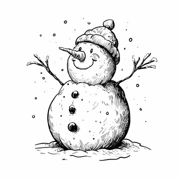 A charming snowman wearing a knitted hat and smiling warmly during a gentle snowfall.