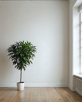 Blank wall frame mockup with natural shadow and plant, minimal interior design.