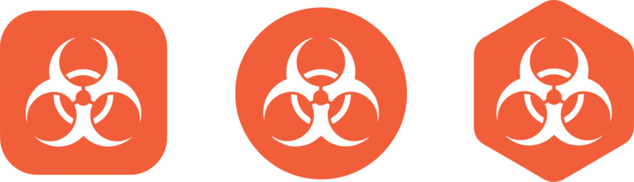 Set of orange biohazard symbols in flat style for safety warning and hazardous material signage