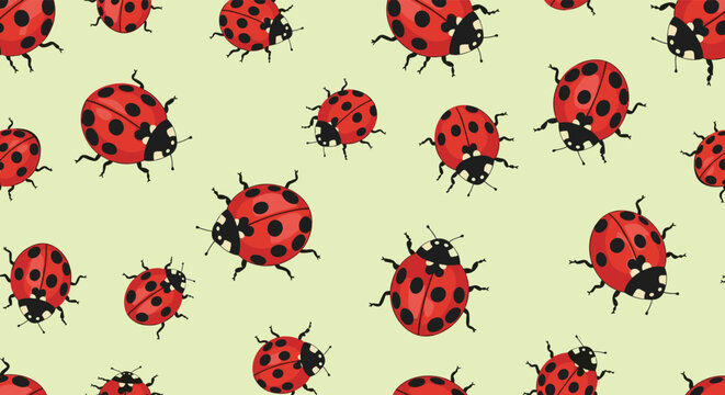 Seamless repeating pattern of red and black ladybugs crawling in different directions on a pale green background for fabric design.