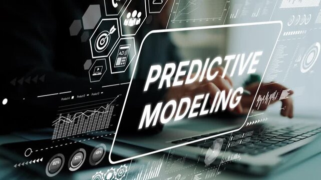 Focused Hands Performing Predictive Modeling on Laptop with Visual Data Analytics Graphics Overlay. Asymptotic smart data analytic.