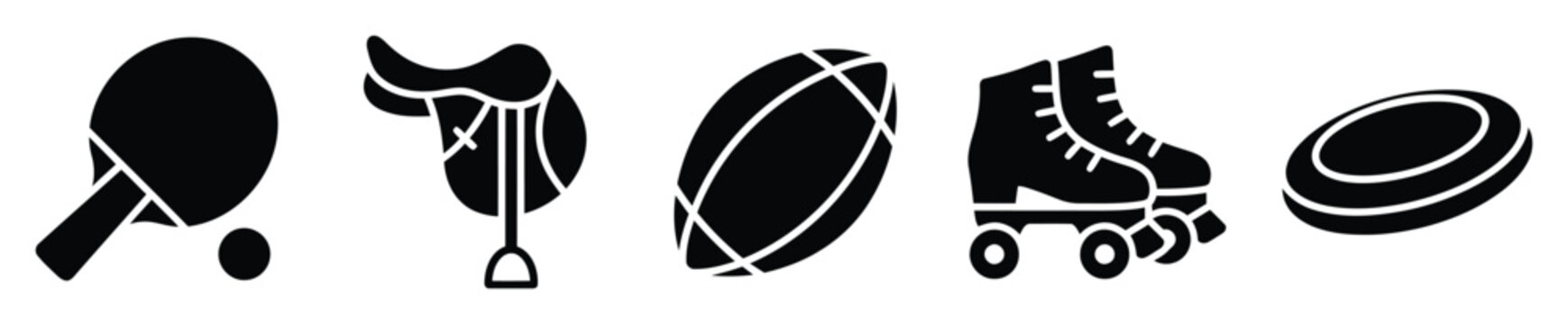 Collection of diverse sports equipment icons including table tennis paddle saddle football roller skates and frisbee for active lifestyle and recreation graphic assets