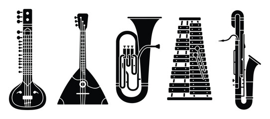 Fototapeta premium Diverse musical instruments silhouettes including sitar, balalaika, tuba, xylophone, and bassoon for music education resources and instrument iconography