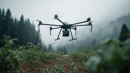Fototapeta premium Agricultural drone flying over cultivation rows, performing surveillance and collecting data for smart farming, with a misty coniferous forest and mountains in the background
