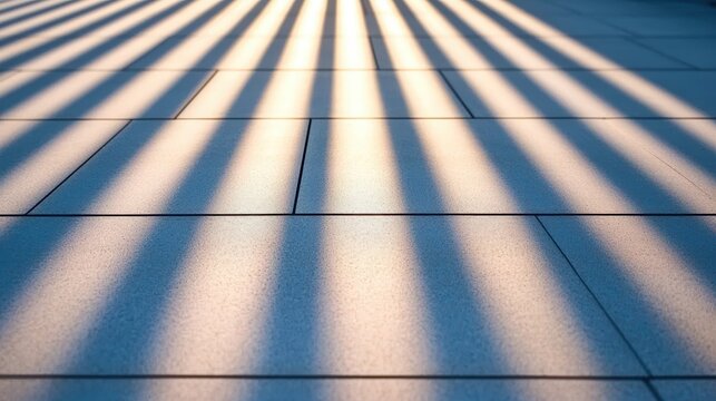 Shadow lines from a fence creating a rhythmic pattern on the ground.