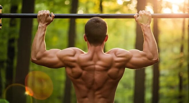 Muscular man performing pull-ups outdoors, back view, strong physique, sunlit forest