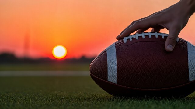 High School Football Player Hand on Ball at Sunset, Friday Night Lights Concept