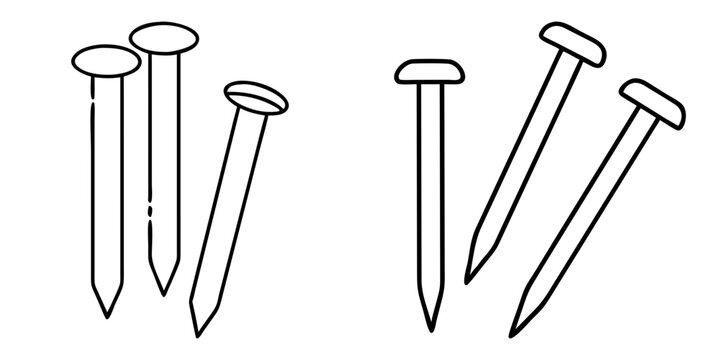 Black and white illustration of various carpentry nails scattered across the plane