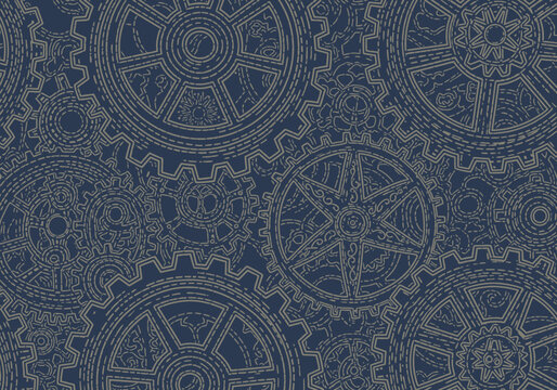 Intricate Steampunk Gears and Cogs Background Pattern, Vintage Mechanical Blueprint Style on Navy Blue, Seamless Industrial Design Illustration
