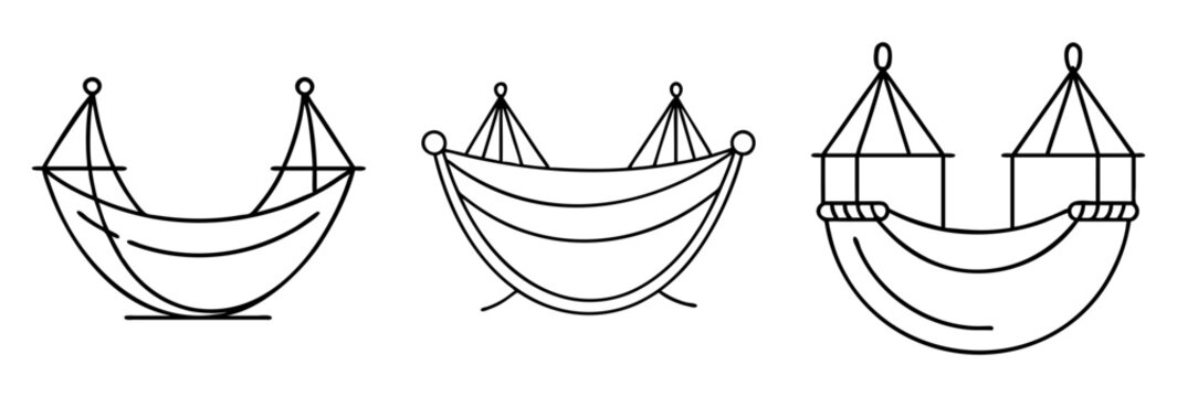 Three hammocks of different styles, black and white line drawing design