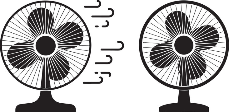 Electric fans demonstrating different airflow patterns and speed levels are displayed as a set of flat monochrome icons suitable for cooling systems.