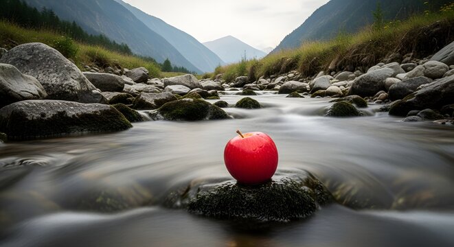 Sebuah apel merah di atas batu berlumut di tengah sungai yang mengalir deras