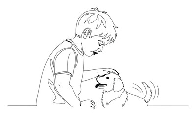 Fototapeta premium Young child gently petting an adorable dog with a wagging tail, illustrating childhood friendship and animal care, perfect for educational materials, pet store promotions, or familyoriented