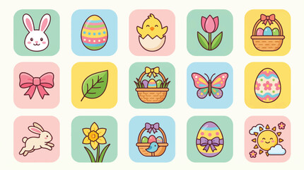 Fototapeta premium Easter Holiday Icons Collection with Bunny, Egg, Flower, and Basket Illustrations