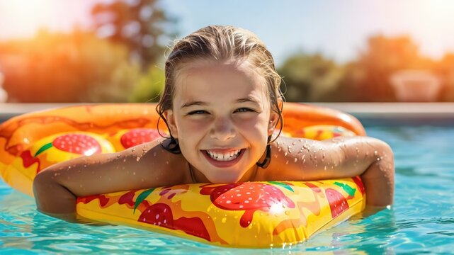 Happy preteen girl smiling on a pizza shaped inflatable float in a backyard swimming pool