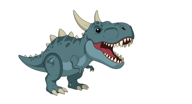 Powerful blue and grey carnotaurus dinosaur with two horns and sharp teeth standing against a white background.