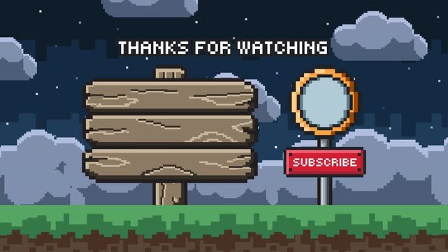 Retro pixel art credits screen with wooden UI panel and glowing subscribe button for game outro sequence Prores 4K 60fps