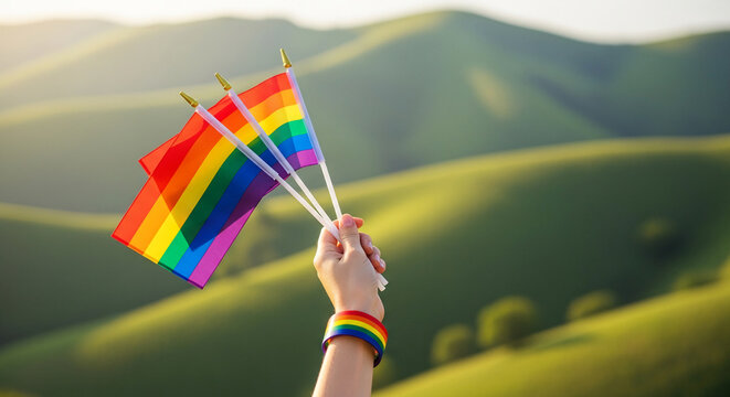 Raised hand holding rainbow flag, representing diversity and inclusion, symbolizing freedom, pride, and rights within a green nature backdrop