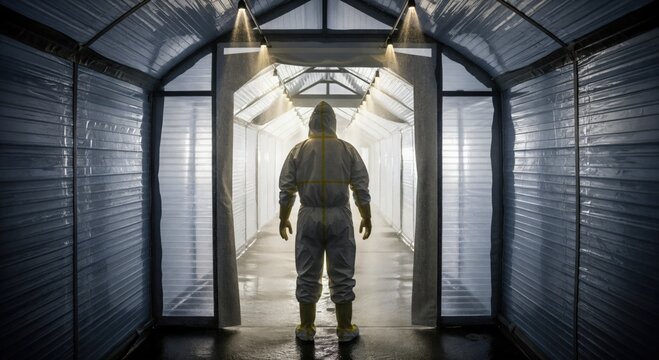 Professional in full hazmat suit standing in a biohazard decontamination tunnel for safety protocol