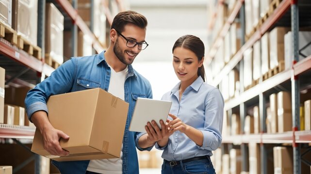 Young Caucasian Warehouse Managers Using Digital Tablet for Inventory Control and Logistics