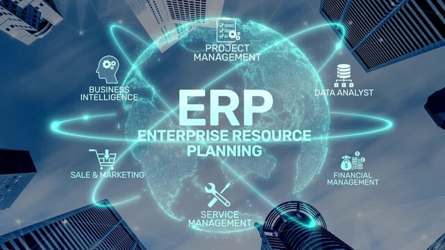 ERP platform visual showing centralized system for enterprise resource planning, improving integration, data flow, business efficiency, finance, inventory, and human resources. Muxer