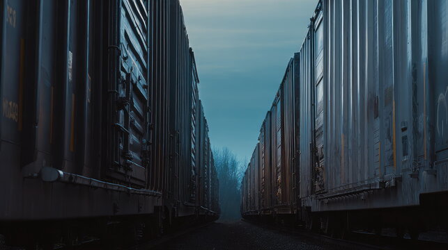 Two long freight trains are parked on parallel tracks, creating a perspective tunnel into a misty, atmospheric industrial landscape at dusk, symbolizing transportation and industry