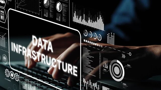 Detailed View of Hands Typing on Keyboard with Digital Graphs Representing Data Infrastructure Concept. Asymptotic smart data analytic.
