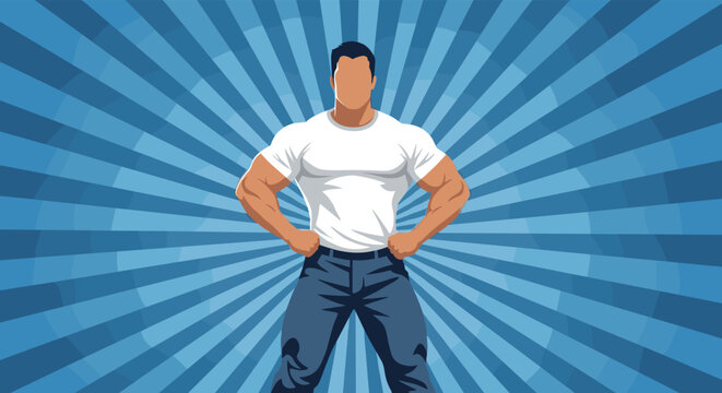Strong muscular man with a white t-shirt and blue jeans standing with hands on hips against a blue sunburst background.